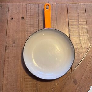Vintage French Enameled Cast Iron Skillet 8.5 Inch Flame Orange Pan France